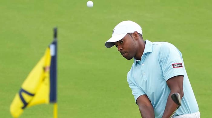 Wyatt Worthington II chips up to a green during a practice round in the 2022 PGA Championship.